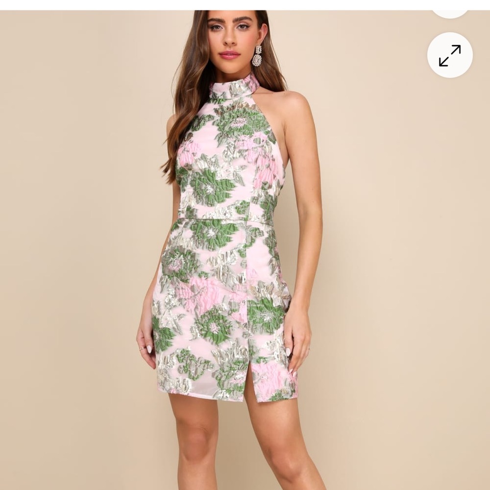 Floral Halter Mini Dress in Pink and Green